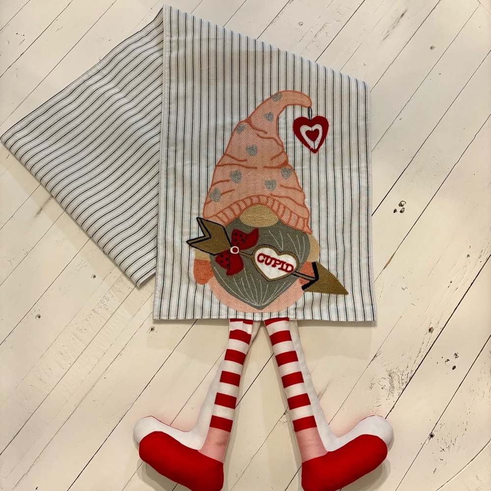 Valentine’s Day Gnome Table Runner Embroidered Lined Striped Unique
